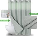 No Hooks Needed Linen Textured Shower Curtain with Snap-in Fabric Liner Set,Hotel Luxury Decor Shower Curtains for Bathroom with Mesh Top Window,Waterproof & Washable,71Wx74H,Sage Green