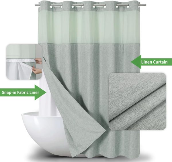 No Hooks Needed Linen Textured Shower Curtain with Snap-in Fabric Liner Set,Hotel Luxury Decor Shower Curtains for Bathroom with Mesh Top Window,Waterproof & Washable,71Wx74H,Sage Green - Image 2