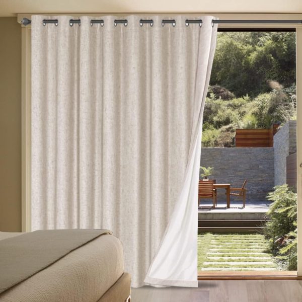 Linen Blackout Curtains Durable Thick Textured Linen Look 100% Blackout Patio Door Curtain Anti Rust Grommet Extra Wide Sliding Door Curtain Panel, W100 x L108 inch - Natural