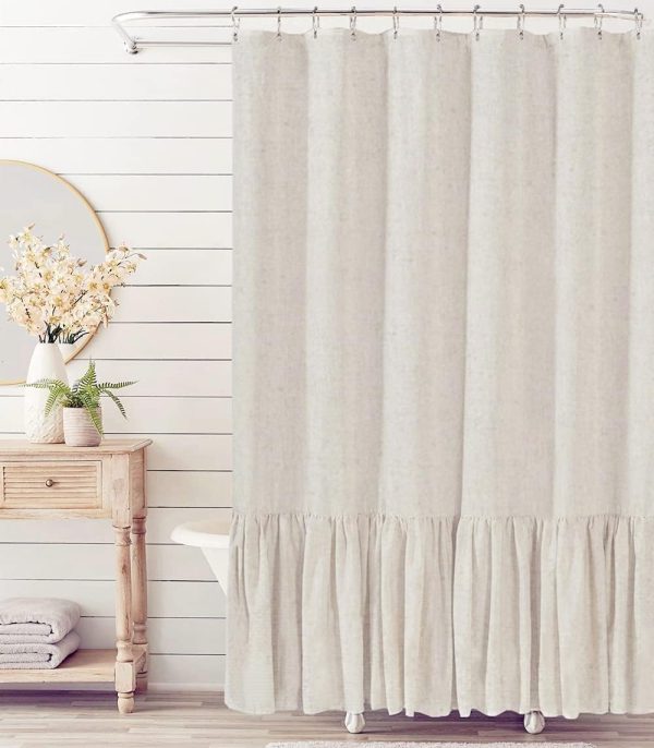 Beige Farmhouse Shower Curtain with A Ruffle Hem, Linen Blend Shower Curtain for Bathroom,Natural,72"x72"