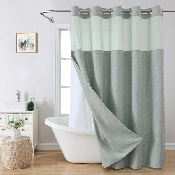 No Hooks Needed Linen Textured Shower Curtain with Snap-in Fabric Liner Set,Hotel Luxury Decor Shower Curtains for Bathroom with Mesh Top Window,Waterproof & Washable,71Wx74H,Sage Green