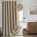 Khaki Scalloped Shower Curtain Linen Textured with 12 Metal Hooks Cute Heavy Duty Washable Waterproof Thick Cloth Shower Curtains with Black Border for Bathroom Hotel Bathtub,W72*L72