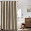 Khaki Scalloped Shower Curtain Linen Textured with 12 Metal Hooks Cute Heavy Duty Washable Waterproof Thick Cloth Shower Curtains with Black Border for Bathroom Hotel Bathtub,W72*L72