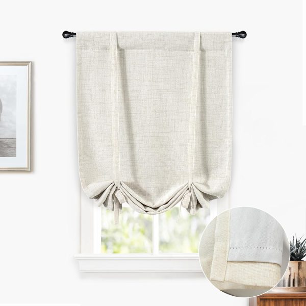 Double Layer Linen Blackout Tie Up Curtains Thermal Insulated Fully Lined Balloon Roman Shade Bathroom Window Adjustable Rod Pocket for Small Window 25 Inch by 47 Inch Light Linen